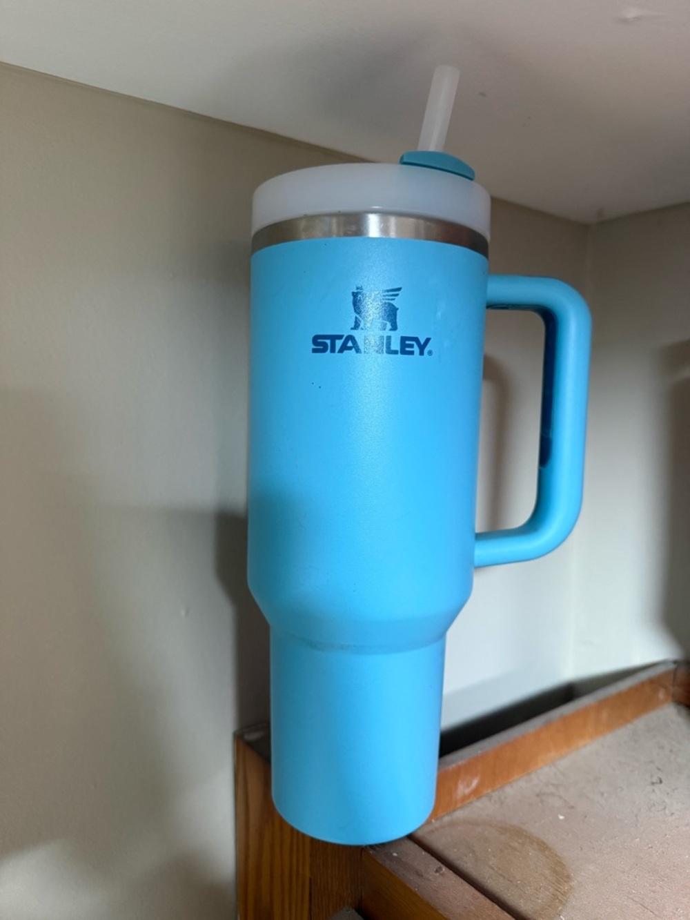 Stanley Light Blue Insulated Travel Mug with Handle and Straw